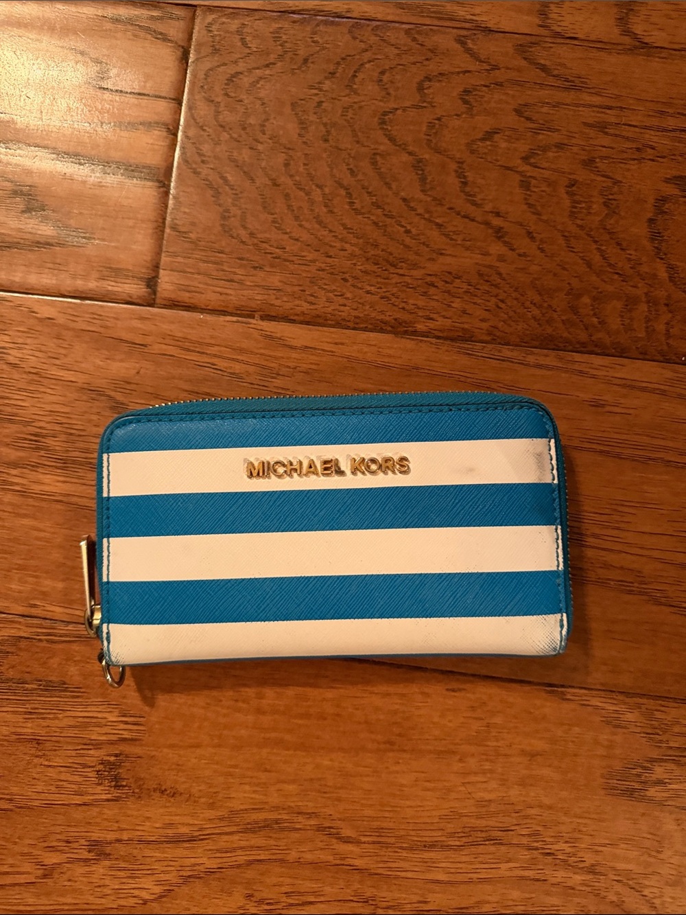 Michael Kors Blue and White Striped Zip Wallet with Gold Logo